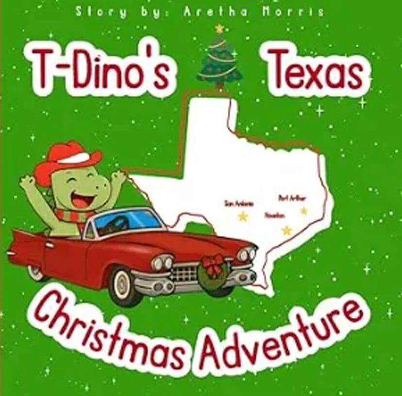 T-Rex in a car with a Santa hat in Texas for Christmas.