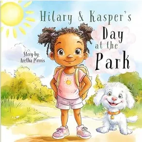 A young girl and her dog enjoy a sunny day at the park.