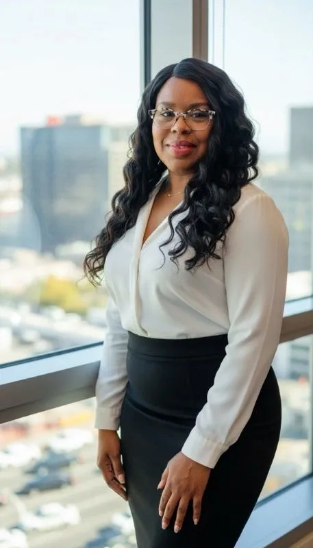 Professional woman standing by a window with a city view.