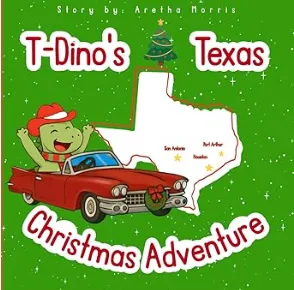 T-Dino's Texas Christmas Adventure book cover with a dinosaur in a car.